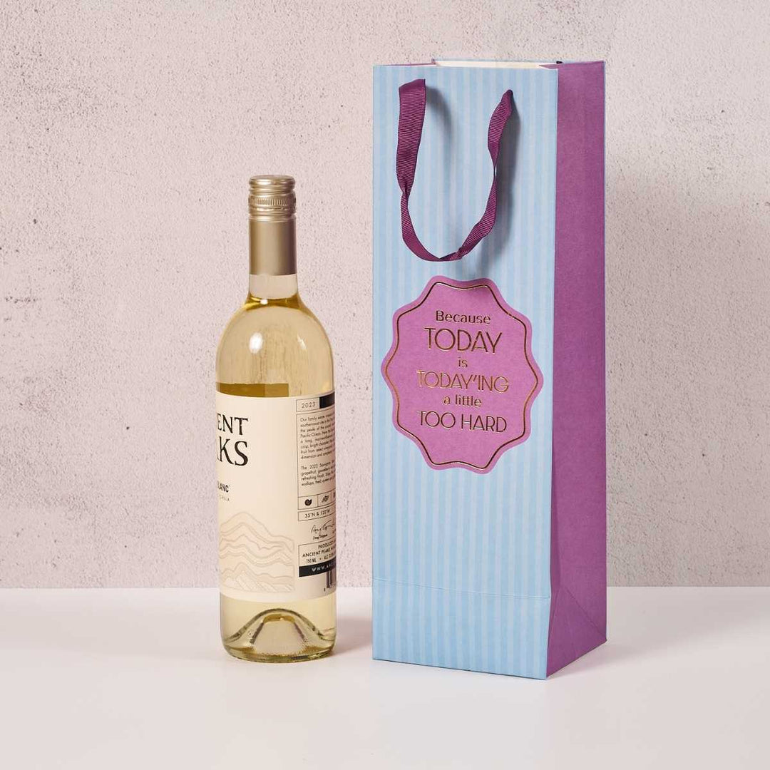 A bottle of white wine sits beside the Drinks On Me “Today'ing- Wine Bag” with handles that says, "Because today is today-ing a little too hard"—a perfect hostess gift, shown on a white surface against a light wall.