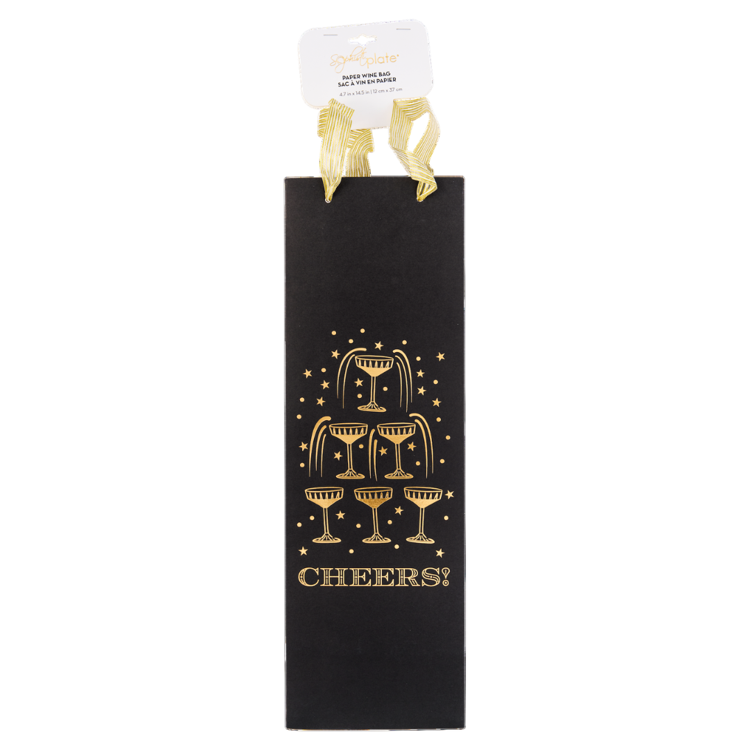 Midnight Sparkle Wine Gift Bags/ 1pk: a black paper wine gift bag for holiday parties featuring a gold foil champagne tower, the word CHEERS! in gold, and matching ribbon handles.