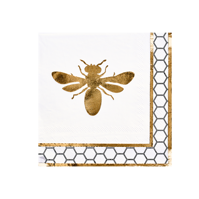 Sophistiplate's Honeybee Paper Cocktail Napkin (26pk) features a gold foil bee and metallic honeycomb border—a stylish choice for your next gathering.