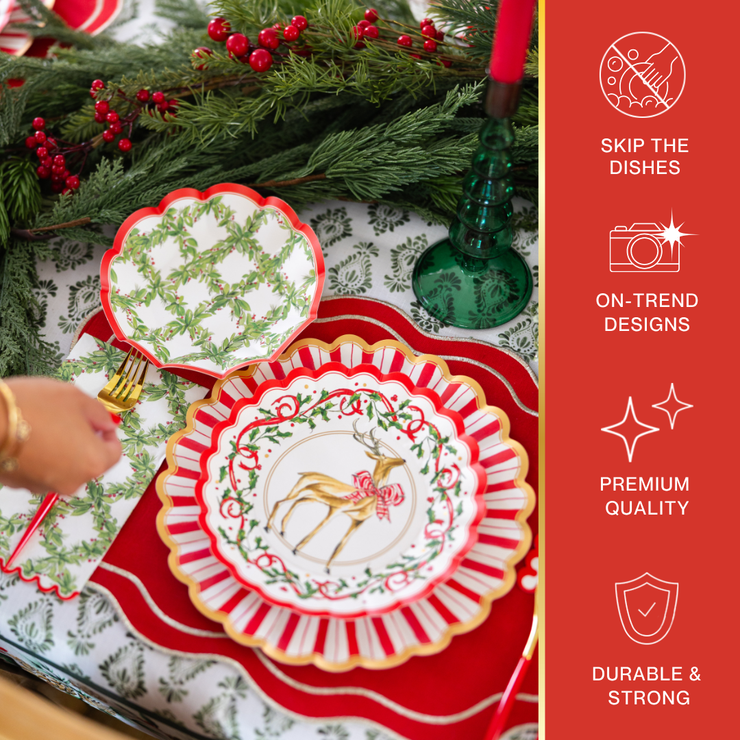 Create a festive table setting with the Sophistiplate LLC Disposable Plates and Tableware Set (94-204 Pcs) in the Holly Berry design. Adorned with holiday accents and paired with gold utensils, red candles, and pine decor, this coordinated set brings all your dinner party necessities together in on-trend style. Crafted from premium quality, durable materials, these disposable paper plates let you skip washing dishes while maintaining an elegant, sophisticated look for your gathering.