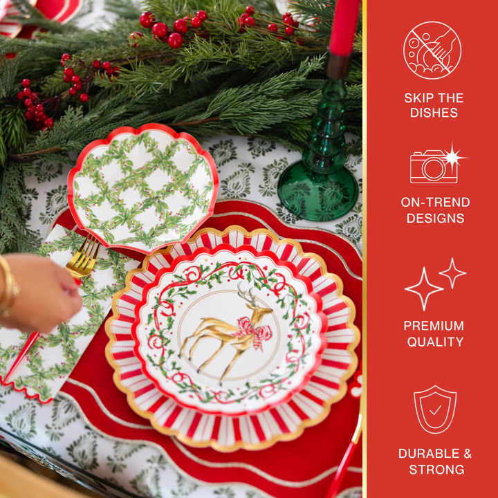 Create a festive table setting with the Sophistiplate LLC Disposable Plates and Tableware Set (94-204 Pcs) in the Holly Berry design. Adorned with holiday accents and paired with gold utensils, red candles, and pine decor, this coordinated set brings all your dinner party necessities together in on-trend style. Crafted from premium quality, durable materials, these disposable paper plates let you skip washing dishes while maintaining an elegant, sophisticated look for your gathering.