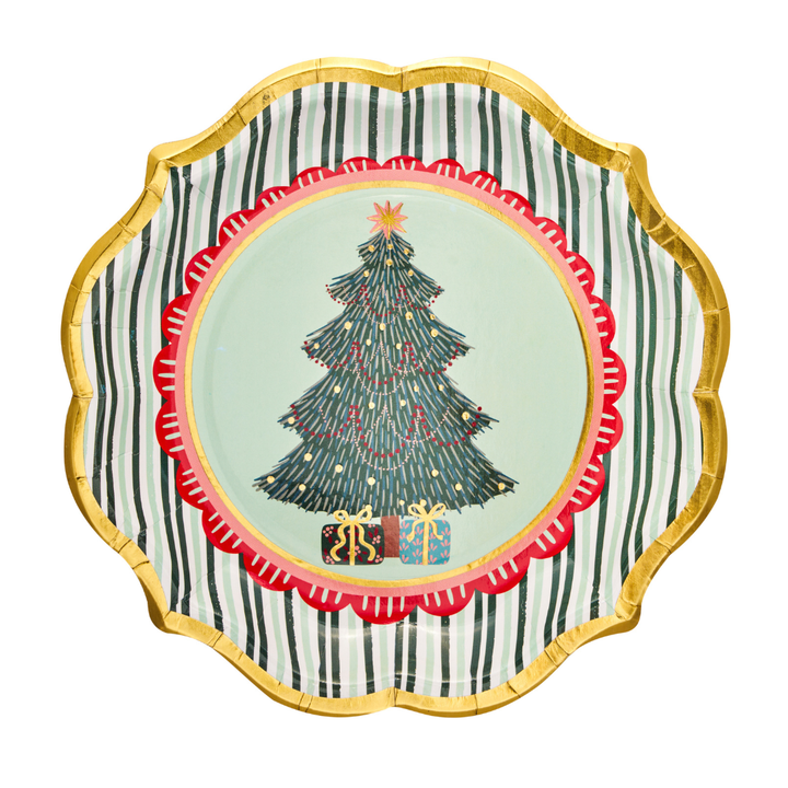 Serve up holiday cheer with the Sophistiplate Tis the Season Salad Plates (8pk), featuring scalloped edges with gold trim, a decorated Christmas tree and two wrapped gifts at the center, all framed by a red border and green vertical stripes—making them perfect festive paper plates for treats at your next holiday gathering.