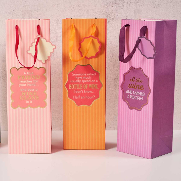 The Drinks On Me "I Like Wine" wine bag is a colorful, reusable gift bag with a funny quote, ribbon, and decorative tag—perfect as a hostess gift or for any wine lover.