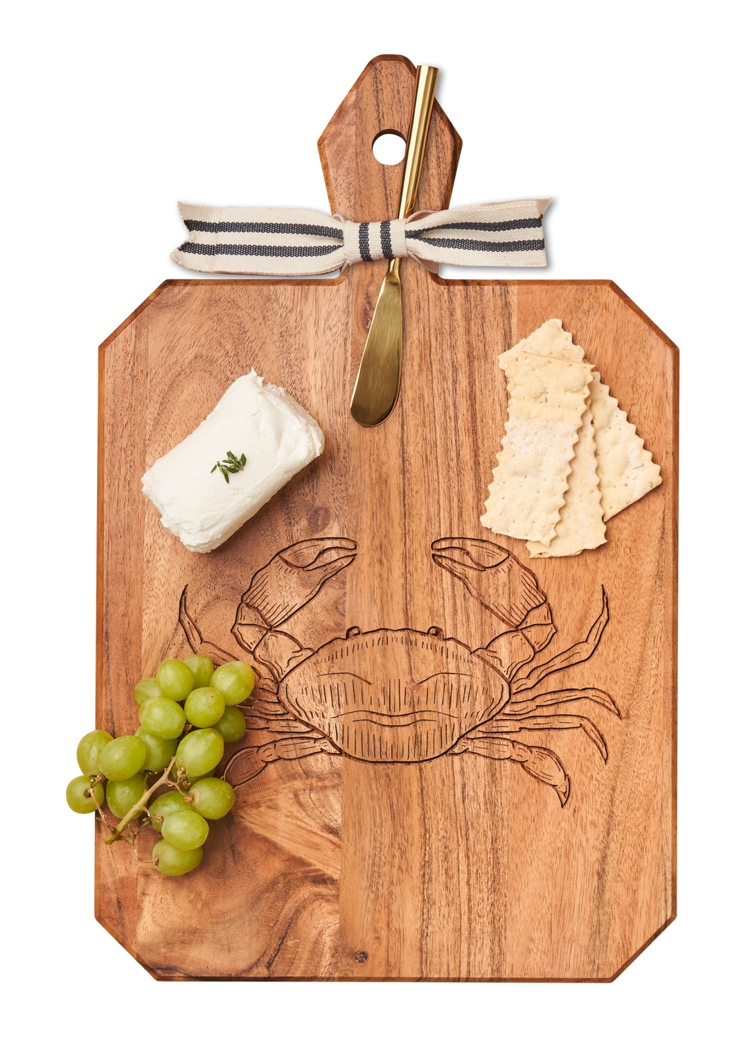 Acacia Heirloom Board with Handle Rectangle & Gold Spreader Tied with Gray & White Ribbon | Crab | 16 x 10 x .6"