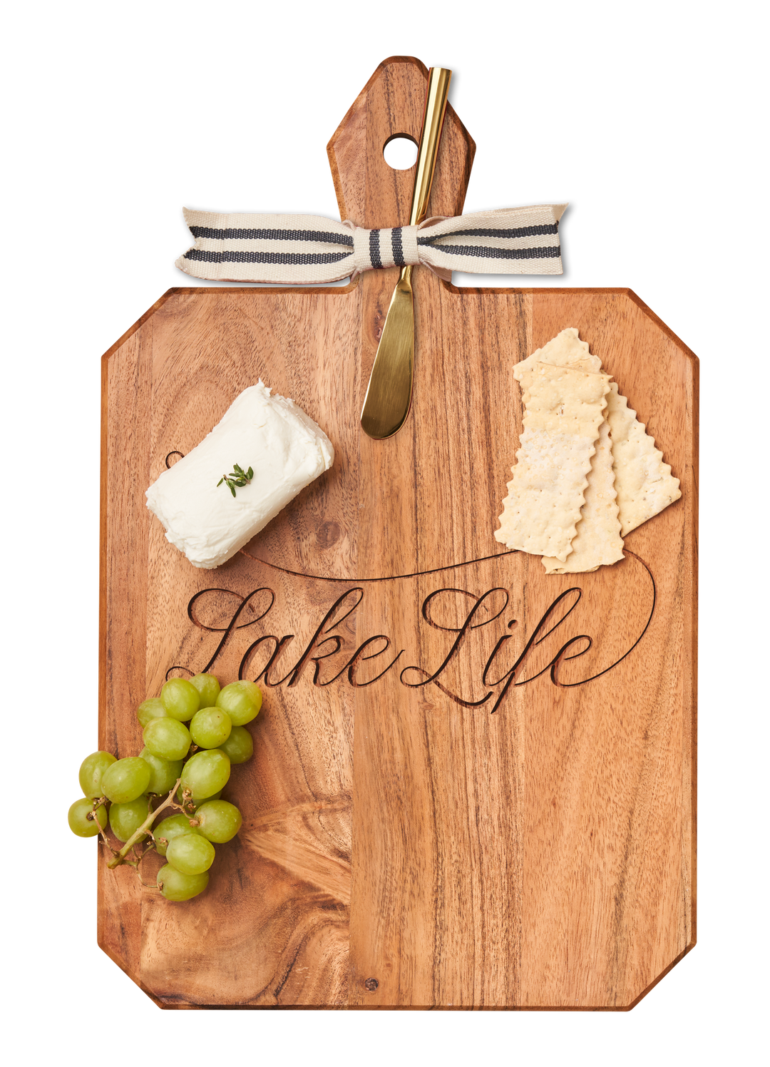 Acacia Heirloom Board with Handle Rectangle & Gold Spreader Tied with Gray & White Ribbon | Lake Life | 16 x 10 x .6"