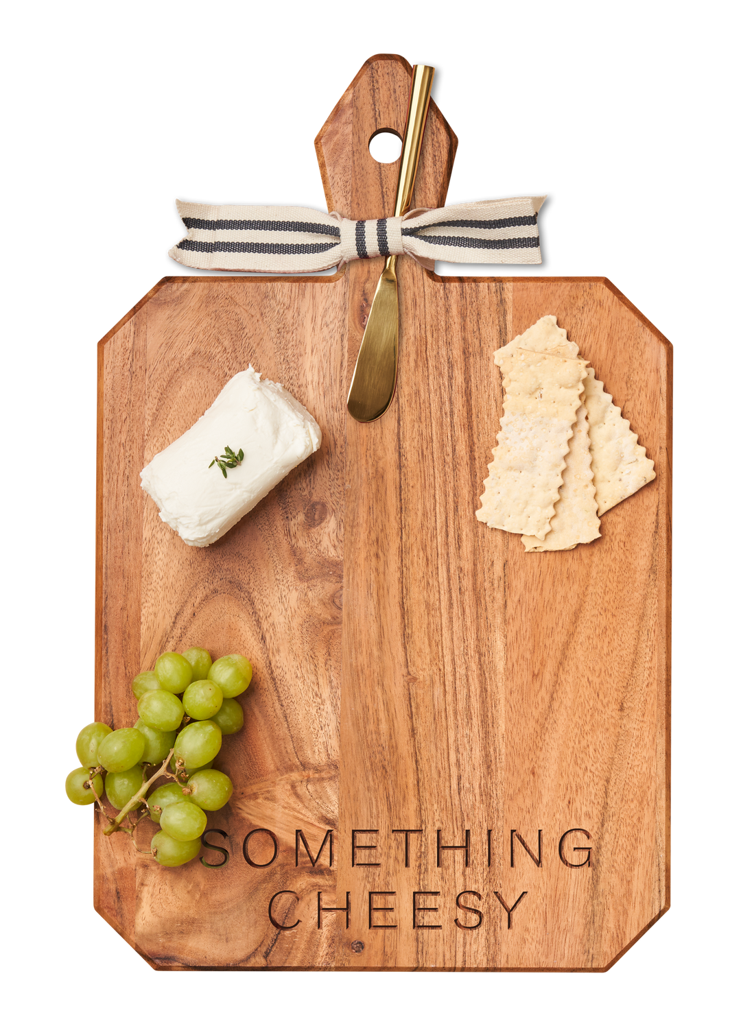 Acacia Heirloom Board with Handle Rectangle & Gold Spreader Tied with Gray & White Ribbon | something cheesy | 16 x 10 x .6"