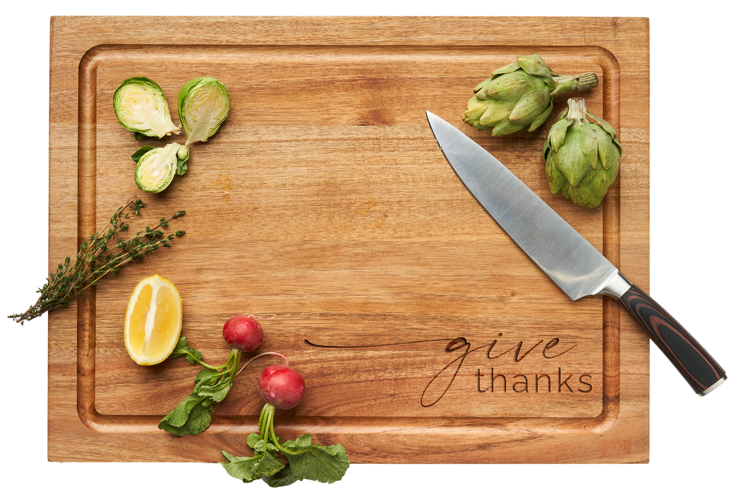 Carv'd Acacia Carving Board w/ 13" Chef's Knife | Give Thanks | 15 x 20"