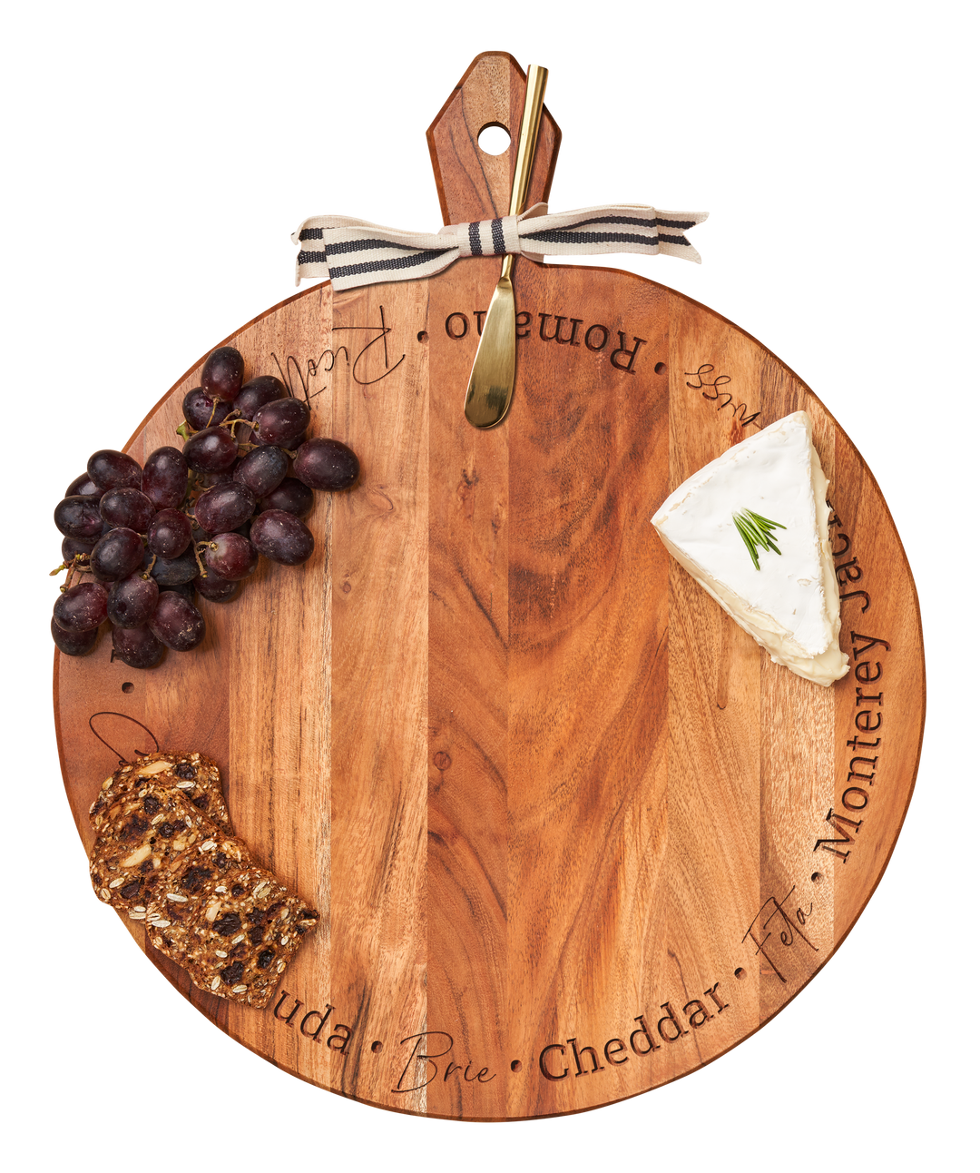 Acacia Heirloom Board with Handle Round & Gold Spreader Tied with Gray & White Ribbon | types of Cheese | 20 x 16 x .6"