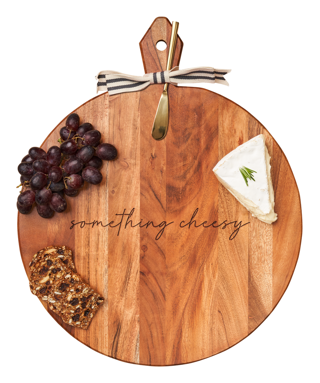 Acacia Heirloom Board with Handle Round & Gold Spreader Tied with Gray & White Ribbon | something cheesy | 20 x 16 x .6"