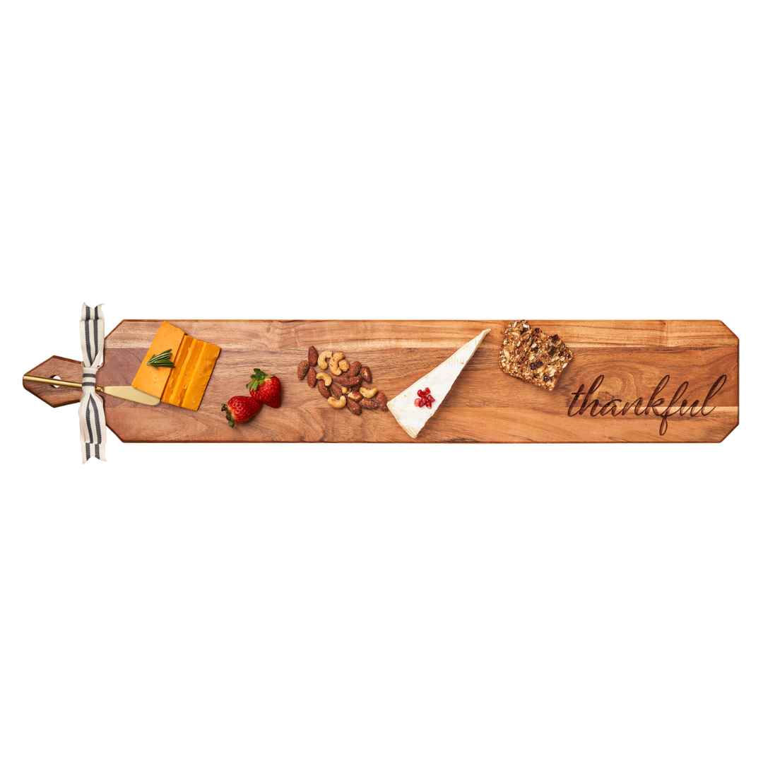 Acacia Heirloom Board Skinny w/ Gold Spreader & Ribbon | Thankful | 34 x 6"