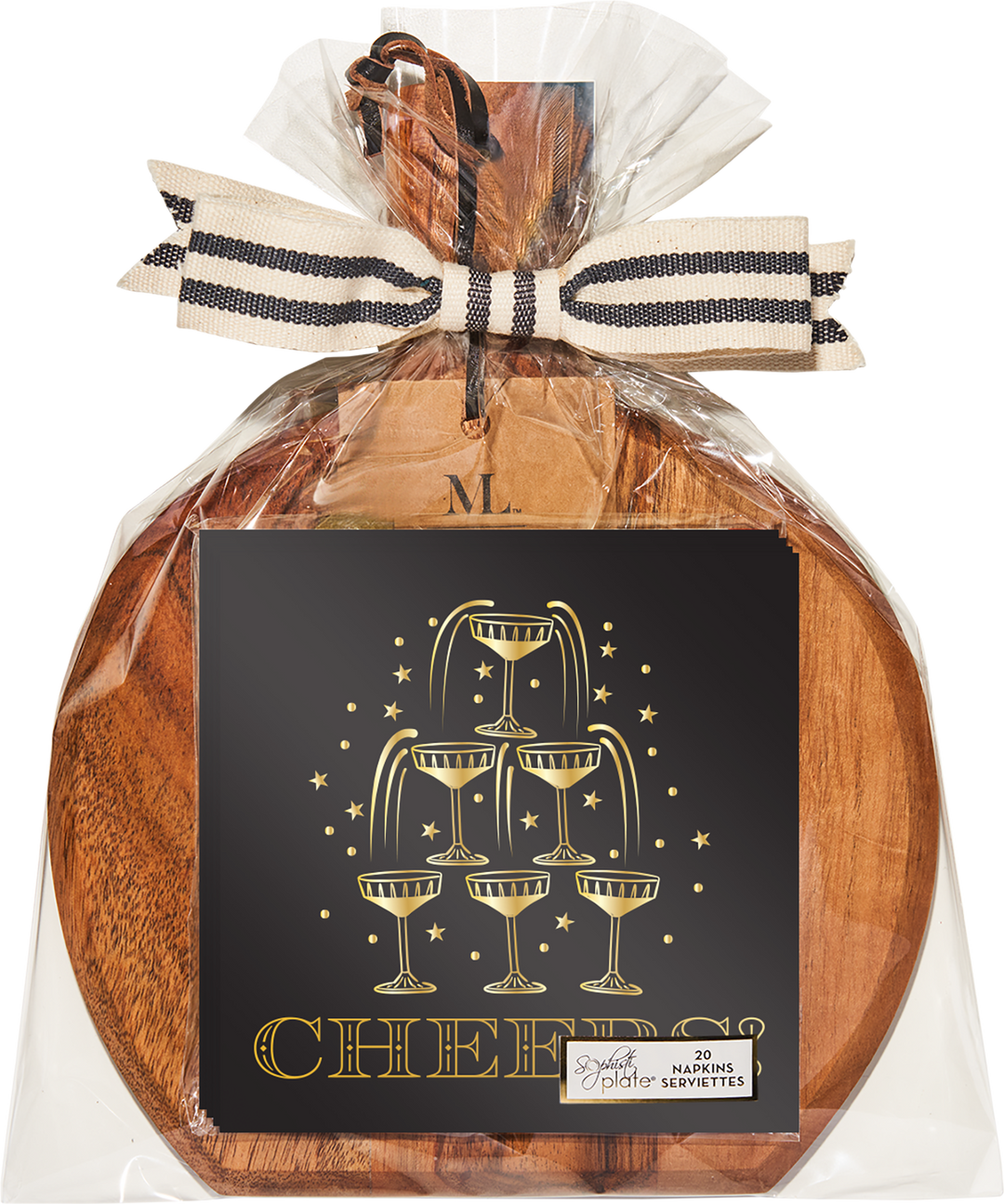 A 9.75″ x 8″ Midnight Sparkle Board Gift Kit by Sophistiplate, beautifully wrapped in clear plastic and tied with a striped ribbon, features a festive card adorned with stacked champagne glasses and the word “Cheers!” in gold. A small wooden tag engraved with the letter “M” is attached to the set, which also includes elegant cocktail napkins for a complete celebratory presentation.