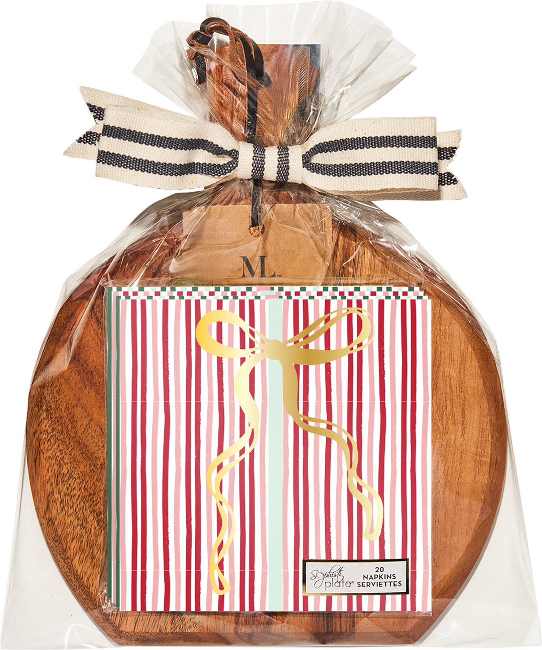 A 9.75″ x 8″ Sophistiplate Board Gift Kit—Tis the Season—is wrapped in clear plastic with a striped bow and features acacia wood, holding red and white striped cocktail napkins with a gold ribbon design.