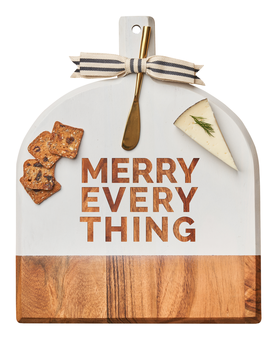 Acacia Bevel Board White w/ Ribbon & Gold Spreader Knife | Merry Everything | 15" X 12" X .6"