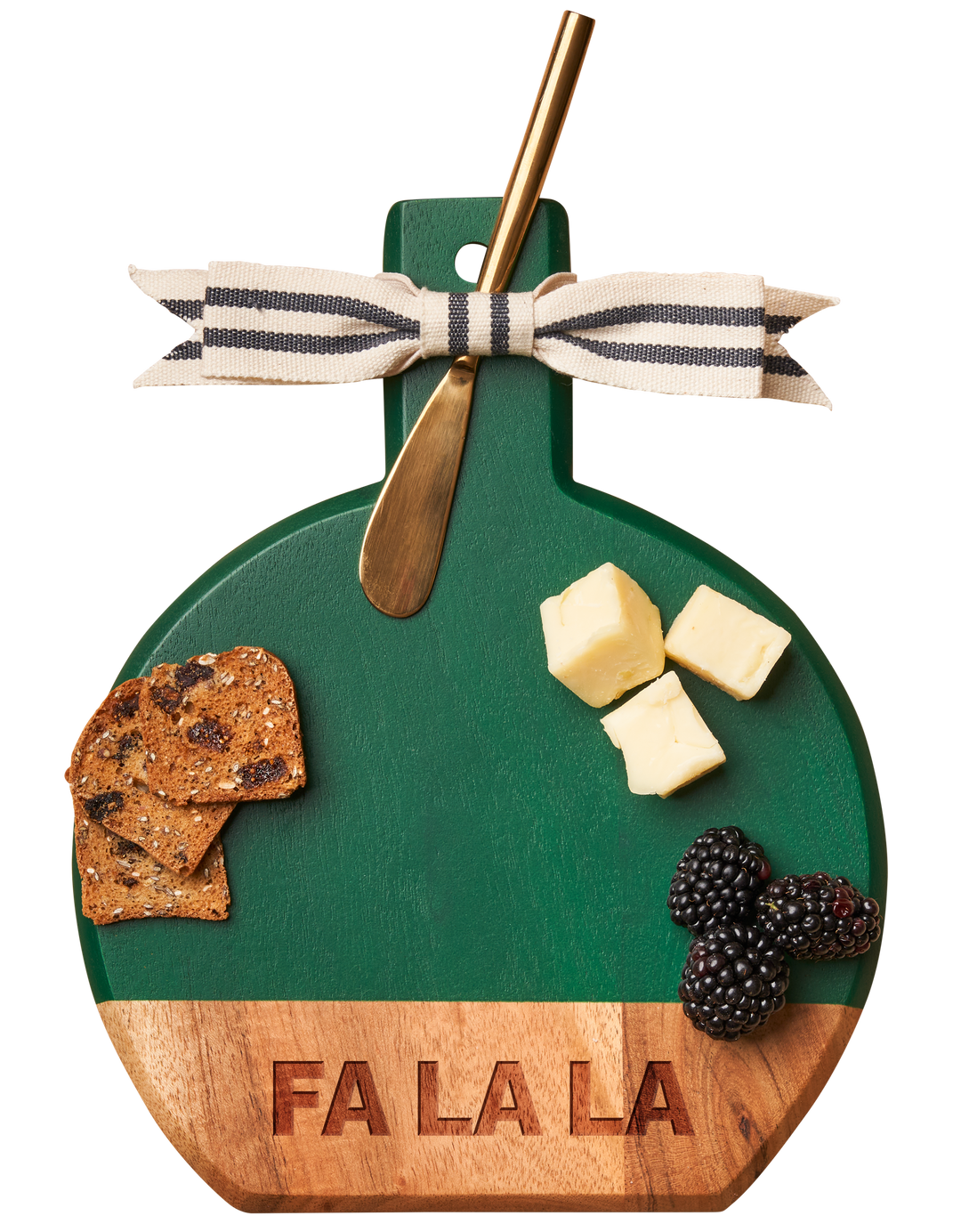 Acacia Bevel Board Green w/ Ribbon & Gold Spreader Knife | Fa La La | 9.75 x 8"