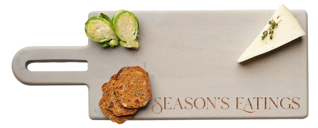 Gray Acacia Board With Handle | Season's Eatings | 16 x 6"