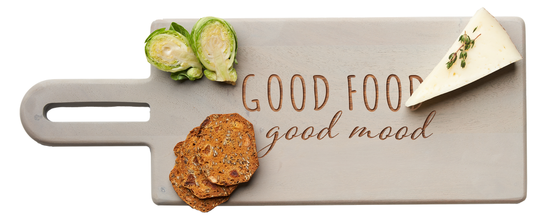 Gray Acacia Board With Handle | Good Food Good Mood | 16 x 6"