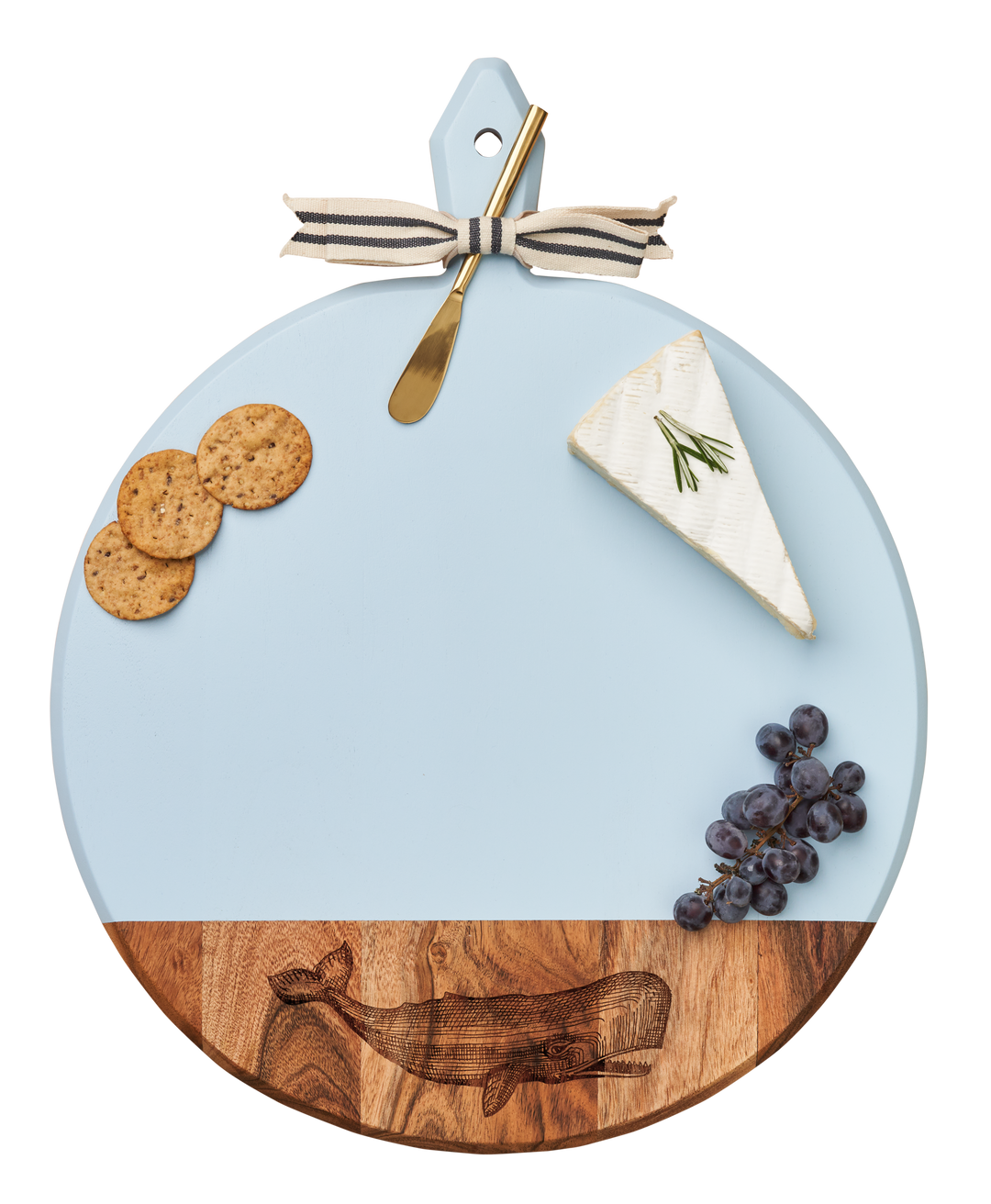 Acacia Heirloom Board with Handle Round & Gold Spreader Tied with Gray & White Ribbon | Whale | 20 x 16"