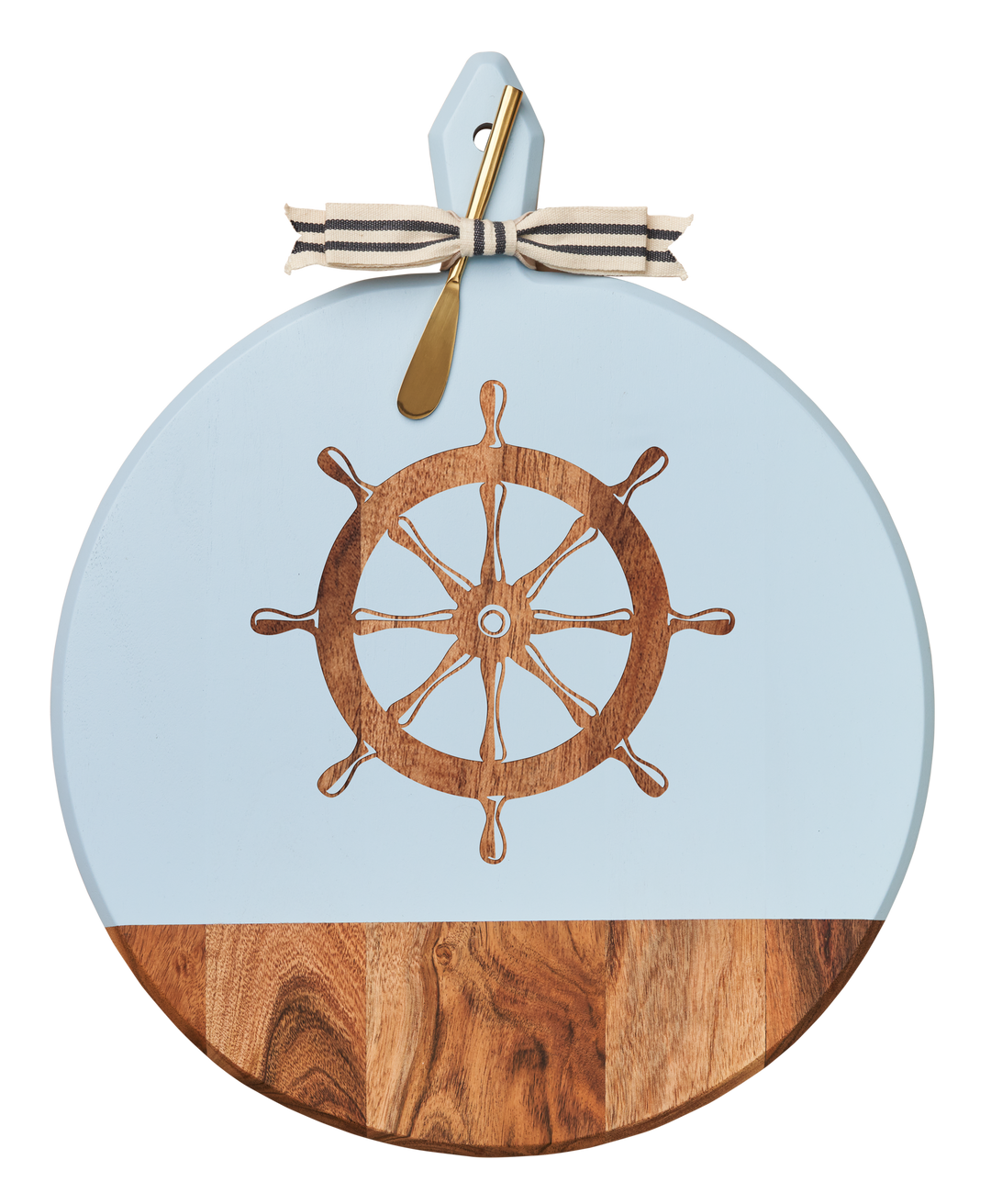 Acacia Heirloom Board with Handle Round & Gold Spreader Tied with Gray & White Ribbon | Helm | 20 x 16"
