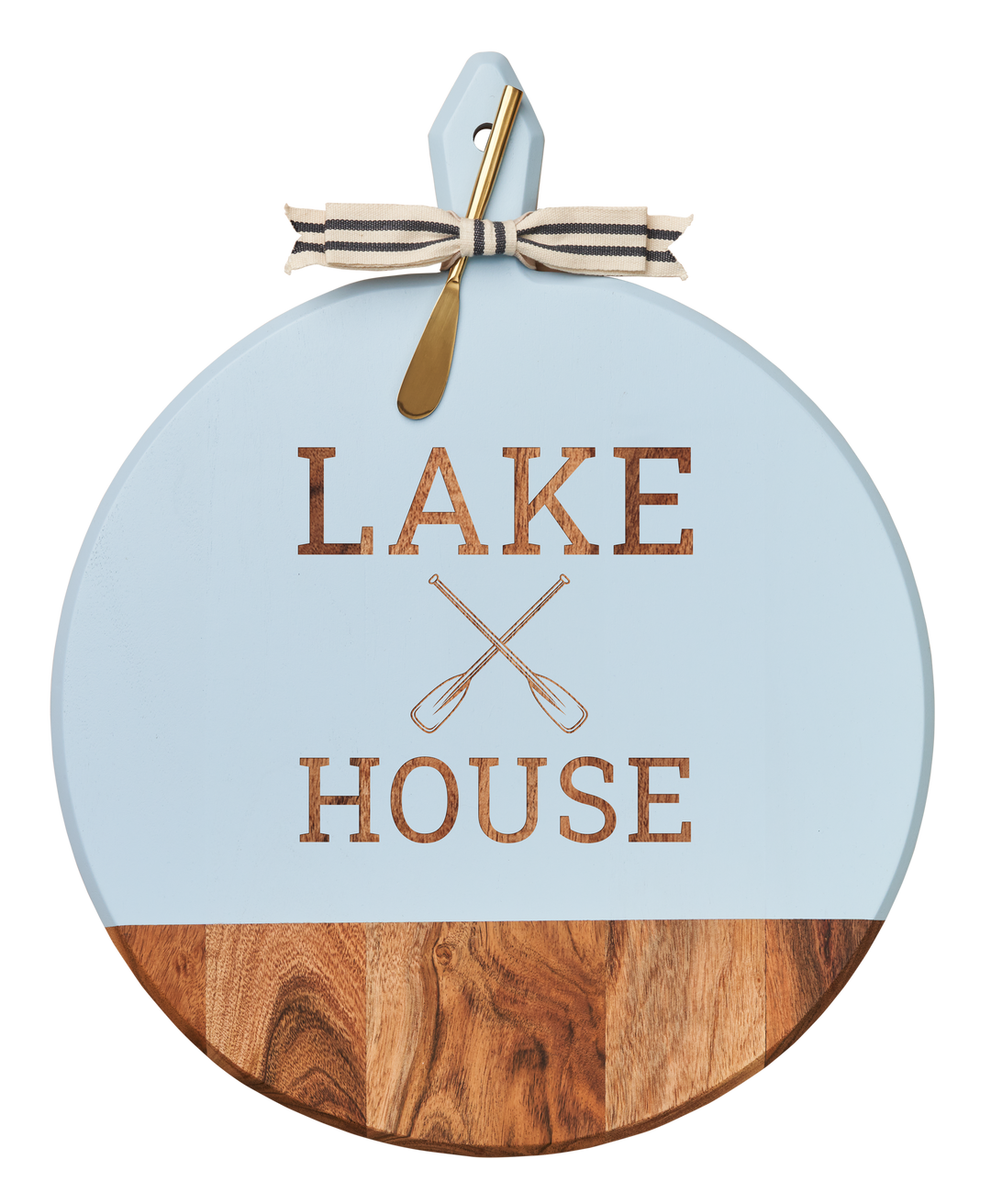 Acacia Heirloom Board with Handle Round & Gold Spreader Tied with Gray & White Ribbon | Lake House with Oars | 20 x 16"