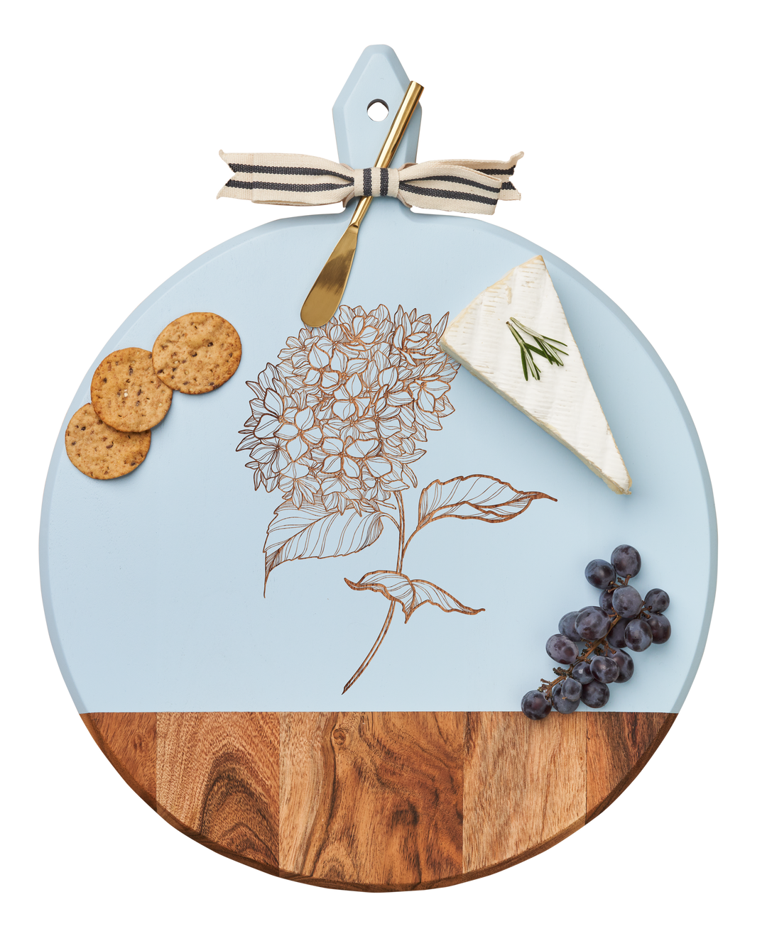 Acacia Heirloom Board with Handle Round & Gold Spreader Tied with Gray & White Ribbon | Hydrangea | 20 x 16"