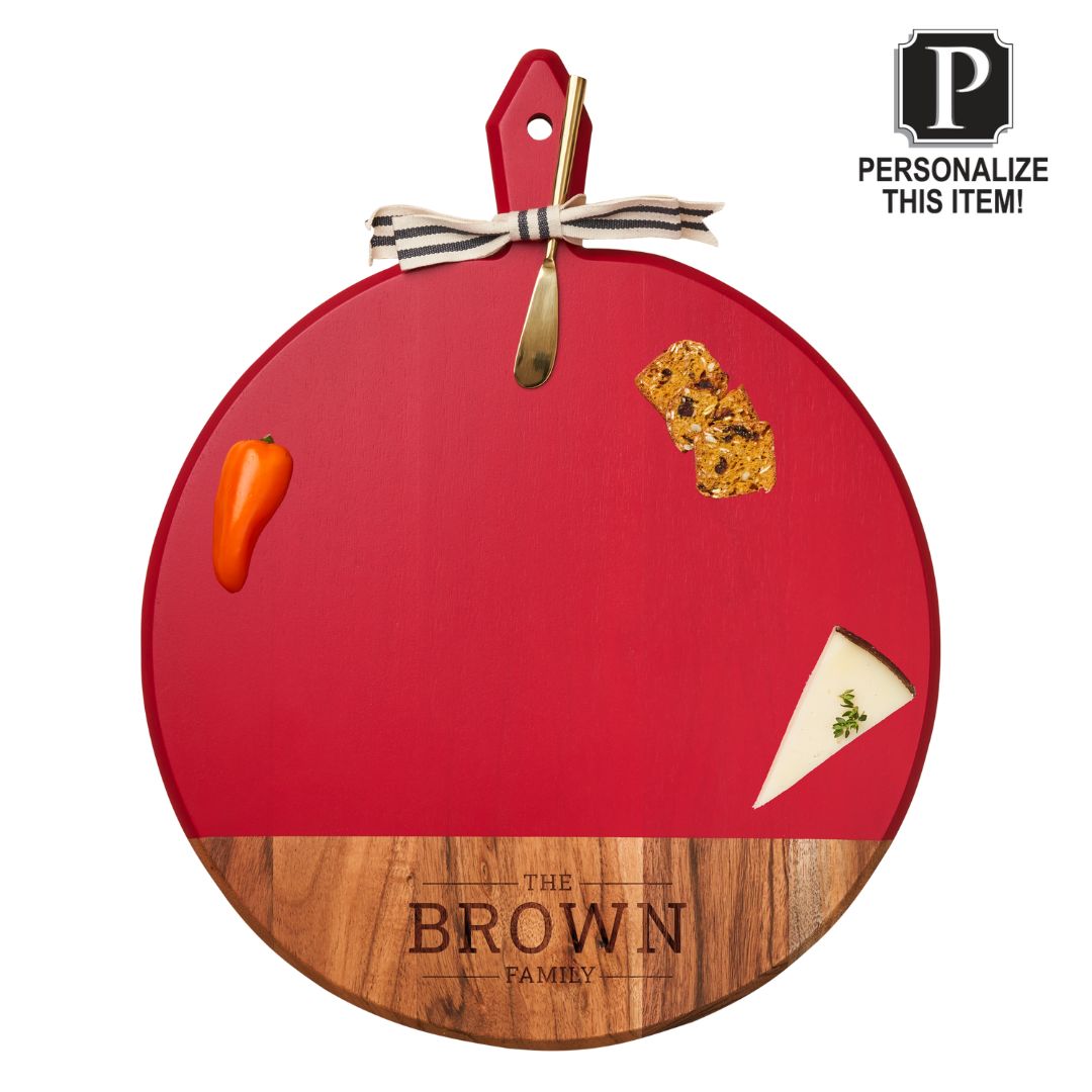 Acacia Heirloom Board w/ Handle Round In Red Color | Personalize | 20 x 16"