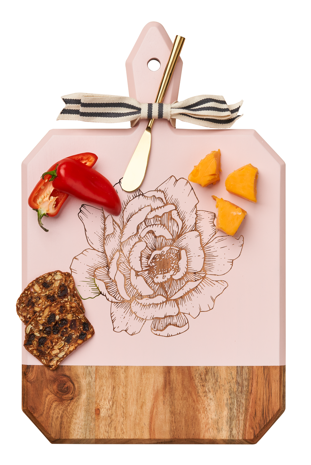 Acacia Heirloom Board with Handle Round & Gold Spreader Tied with Gray & White Ribbon | Peony | 16 x 10"