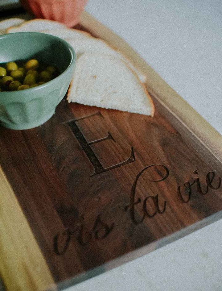 Personalized Live Edge Walnut Single Handle Charcuterie Board - 24" x 12"