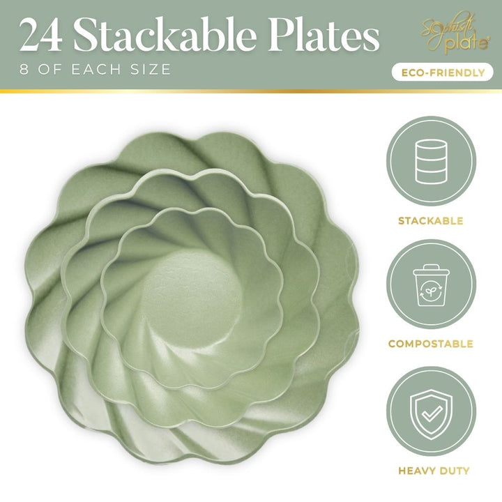 The Sophistiplate LLC Eco-friendly Table Setting- Sage features 24 stackable, scalloped green bamboo plates in three sizes—heavy-duty, compostable, and perfect for parties with sustainable style.