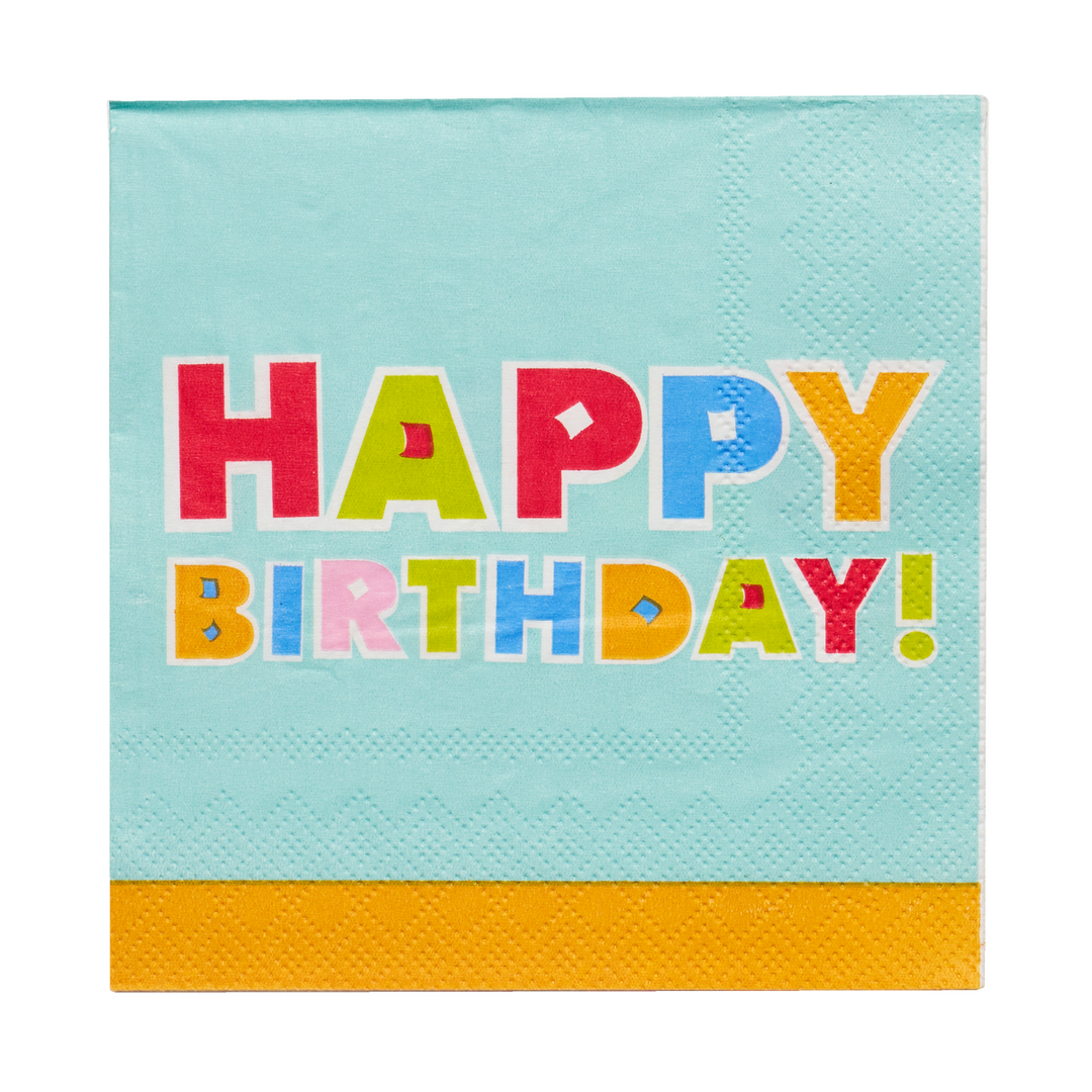 Brighten up your birthday celebration with Sophistiplate’s ‘Happy Birthday’ Cocktail Napkins (26pk)—featuring bold, multicolored “HAPPY BIRTHDAY!” lettering on a light blue backdrop with a cheerful yellow border. Both fun and functional, these napkins are the perfect festive addition to your party décor.
