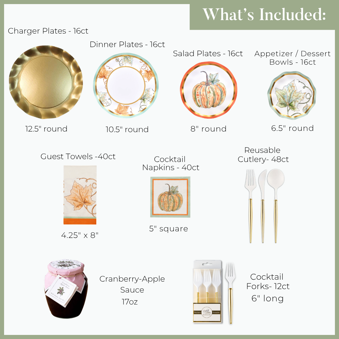 A chart of included items in the Bright & Thankful: Thanksgiving Table for 16 by Sophistiplate LLC—charger, dinner, salad & dessert plates, guest towels, cocktail napkins, reusable cutlery, cranberry-apple sauce & forks with sizes.