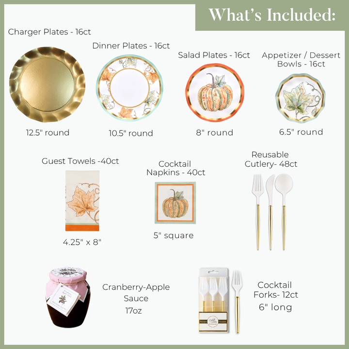 A chart of included items in the Bright & Thankful: Thanksgiving Table for 16 by Sophistiplate LLC—charger, dinner, salad & dessert plates, guest towels, cocktail napkins, reusable cutlery, cranberry-apple sauce & forks with sizes.