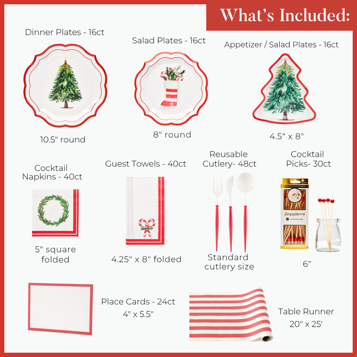 A Merry & Bright: Christmas Table for 16 set including heavy-duty dinner, salad, and appetizer paper plates, napkins, guest towels, red cutlery, cocktail picks, blank place cards, and a red-and-white striped table runner.