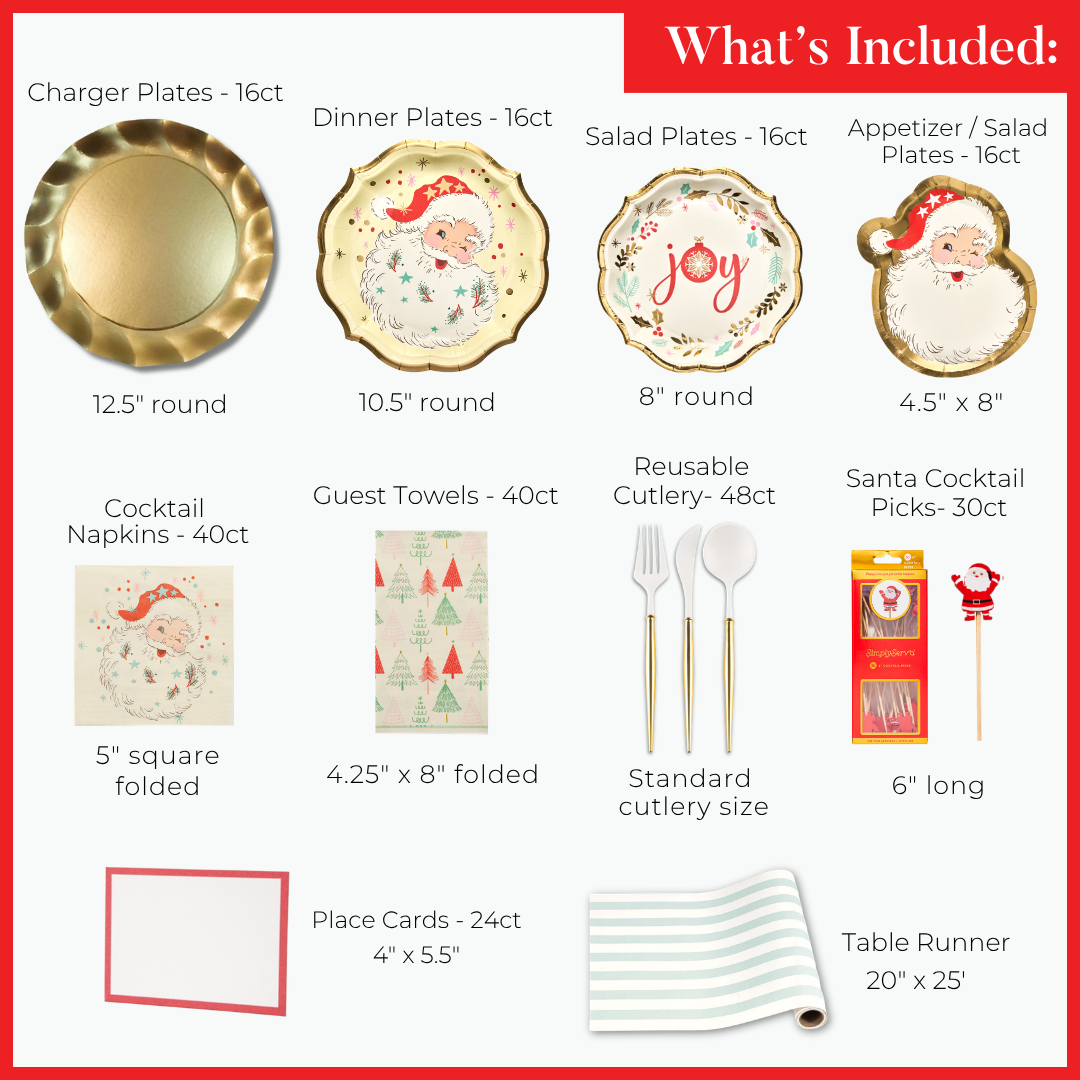 Vintage Santa: Christmas Table for 16 set including designer Santa paper plates, gold charger plates, napkins, guest towels, gold-trimmed cutlery, Santa cocktail picks, place cards, and a striped table runner for a festive tablescape.