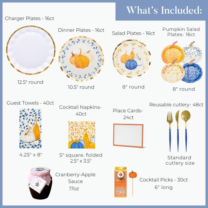 A Harvest Blues: Thanksgiving Table for 16 display featuring designer disposable charger, dinner, salad, and pumpkin-shaped plates, guest towels, napkins, place cards, reusable cutlery, cranberry-apple sauce, and cocktail picks.