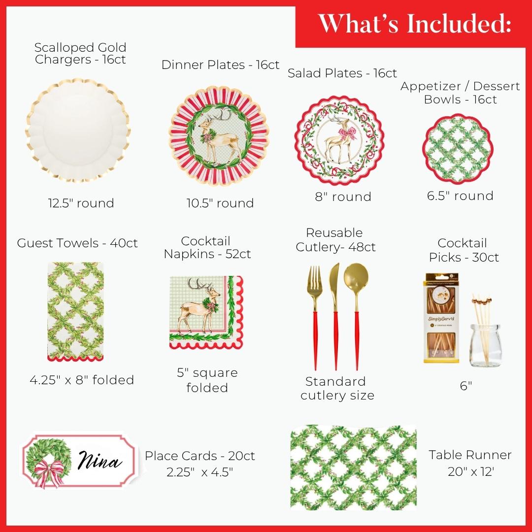 A Holly Berry: Christmas Table for 16 set of heavy-duty disposable party plates and holiday-themed tableware, including cutlery, napkins, guest towels, place cards, and a table runner, with text labels for each item and its quantity.