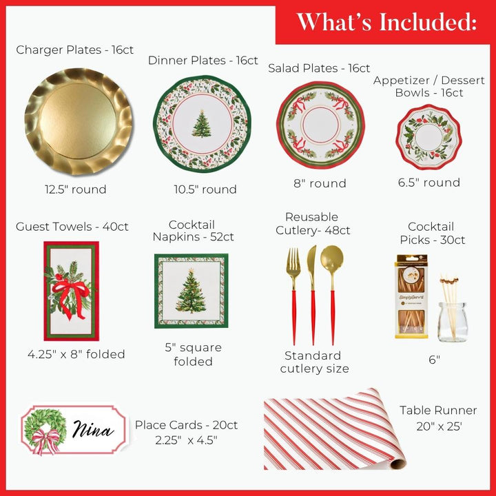 A Home for the Holidays: Christmas Table for 16 featuring a red and white striped runner, gold charger plates, holly-patterned disposable plates, bowls, napkins, guest towels, red-handled cutlery, cocktail picks, and place cards.
