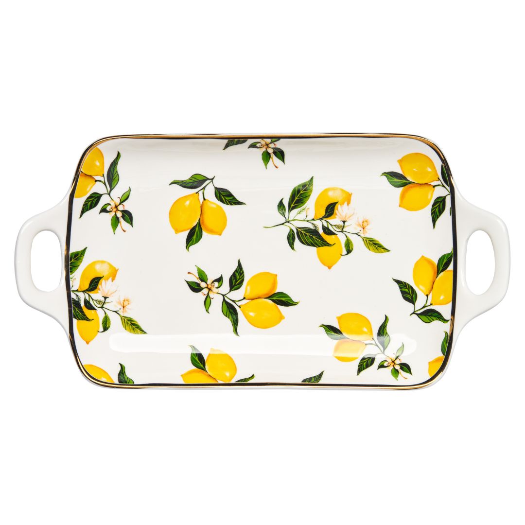 Ceramic Serving Tray with Handles | Classic Lemons | 11.75 X 7"