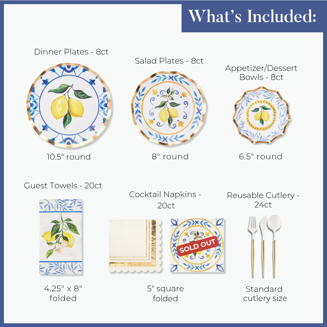 The Capri Coast Table Setting by Sophistiplate LLC features lemon and floral party tableware: disposable plates, salad plates, appetizer/dessert bowls, guest towels, (sold out) cocktail napkins, and reusable cutlery. Quantities/sizes listed for each item.