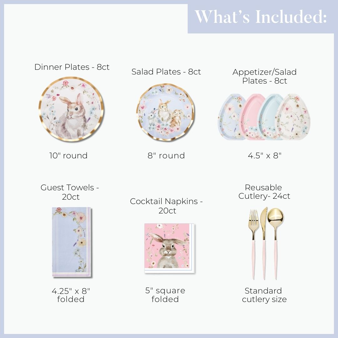 Charming Easter Table Setting features heavy-duty paper plates, egg-shaped dishes, rabbit-patterned napkins, floral guest towels, and gold-toned cutlery with light pink handles in a designer disposable party-in-a-box.
