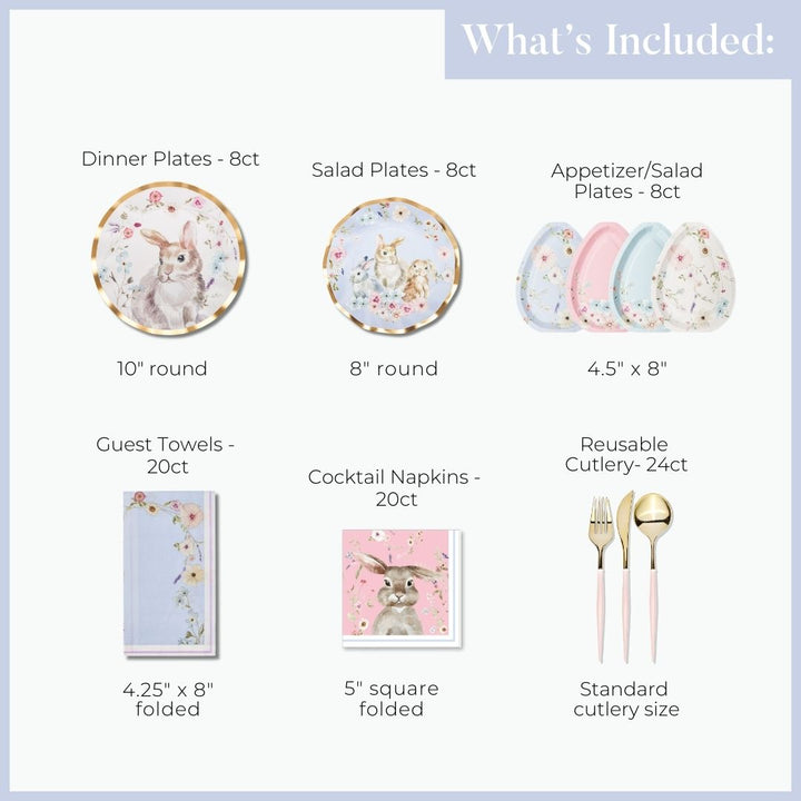 Charming Easter Table Setting features heavy-duty paper plates, egg-shaped dishes, rabbit-patterned napkins, floral guest towels, and gold-toned cutlery with light pink handles in a designer disposable party-in-a-box.