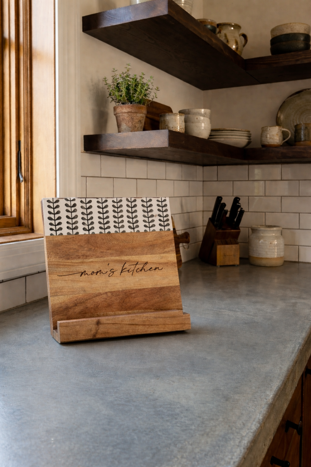 Acacia Cookbook Holder with Black & White Enamel | Mom's Kitchen | 11 X 11"