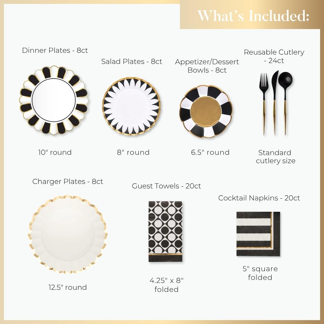 The Cordoba Table Setting by Sophistiplate LLC includes black, white, and gold designer disposable plates (dinner, salad), appetizer bowls, charger plates, reusable cutlery, guest towels, and cocktail napkins—all with listed sizes.