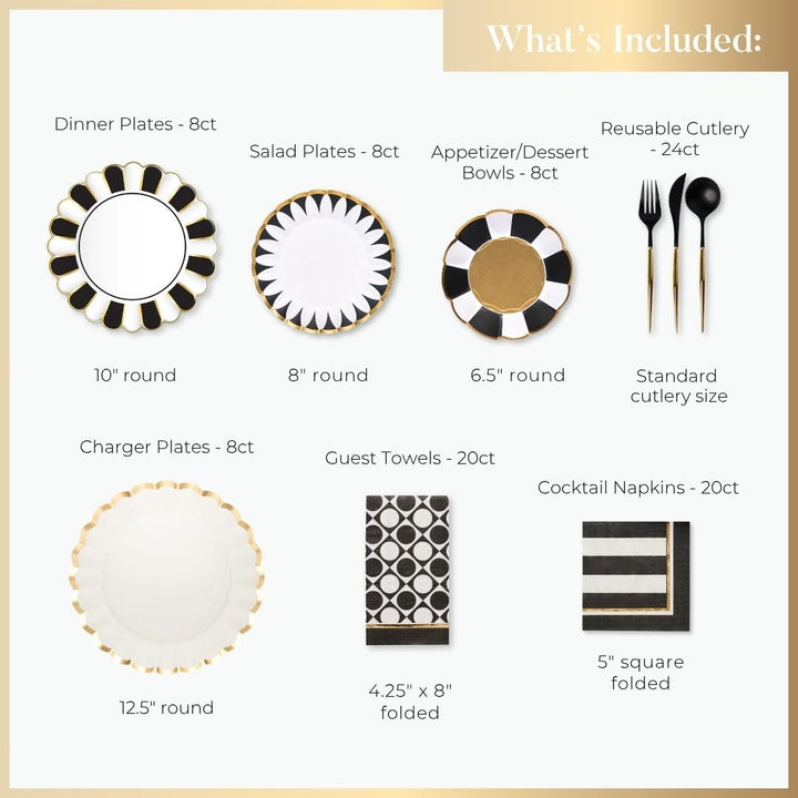 The Cordoba Table Setting by Sophistiplate LLC includes black, white, and gold designer disposable plates (dinner, salad), appetizer bowls, charger plates, reusable cutlery, guest towels, and cocktail napkins—all with listed sizes.