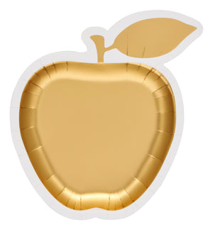 Sophistiplate’s Golden Apple Die Cut Apple Salad Plate/8pk features gold, apple-shaped disposable plates with a single leaf and stem, beautifully presented from above on a white background—ideal for crafting an elegant Rosh Hashanah plates display or enhancing your golden apple-themed table setting with charm.