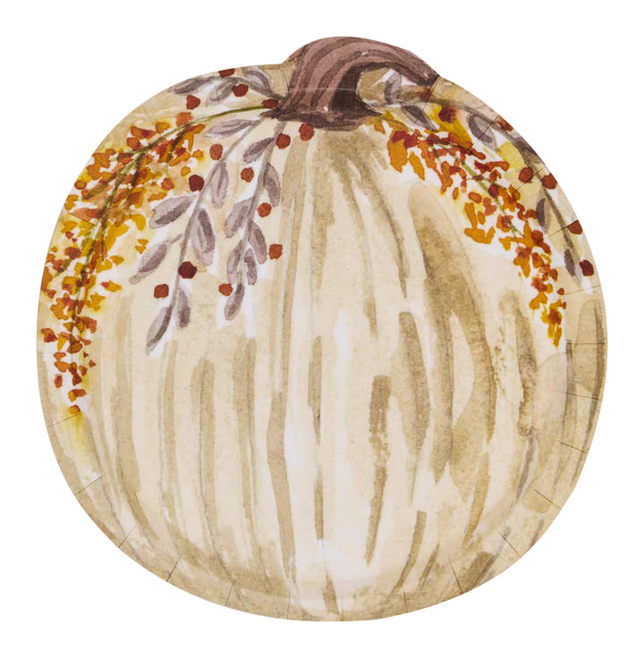 Add a seasonal touch to your table with the Sophistiplate Amber Harvest Pumpkin Salad Plate/8pk, featuring a watercolor-style cream pumpkin with a brown stem, adorned with autumn leaves and berries in orange, yellow, and gray—perfect for harvest parties or fall gatherings.