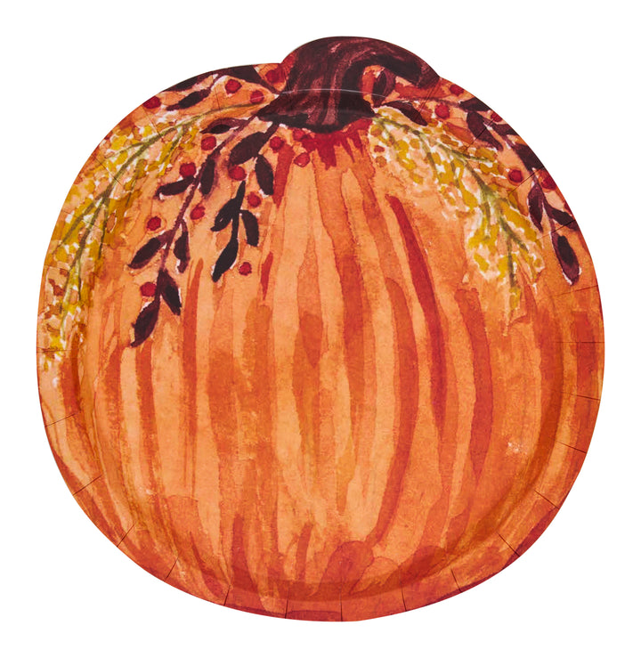 Bright and festive, the Amber Harvest Pumpkin Salad Plate/8pk by Sophistiplate beautifully showcases a round orange watercolor pumpkin adorned with painted leaves and berries draped over the top, all set against a crisp white background. These disposable plates are perfect for enhancing your seasonal table.