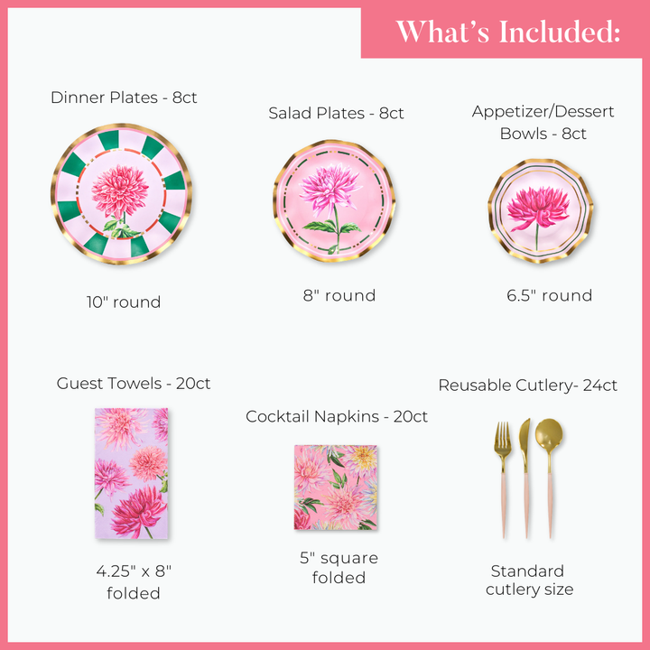Image displays the Dahlia Garden Table Setting by Sophistiplate LLC: 8 heavy duty plates, 8 salad plates, 8 dessert bowls, 20 guest towels, 20 cocktail napkins, and 24 reusable cutlery pieces with elegant floral designs.