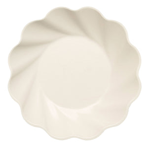 A top-down view of the Sophistiplate Simply Eco Salad Plate in cream, featuring a round shape, scalloped wavy edge, and smooth surface; available in a pack of 8.