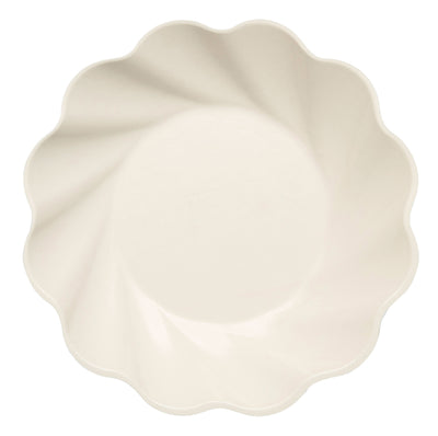 A top-down view of the Sophistiplate Simply Eco Salad Plate in cream, featuring a round shape, scalloped wavy edge, and smooth surface; available in a pack of 8.