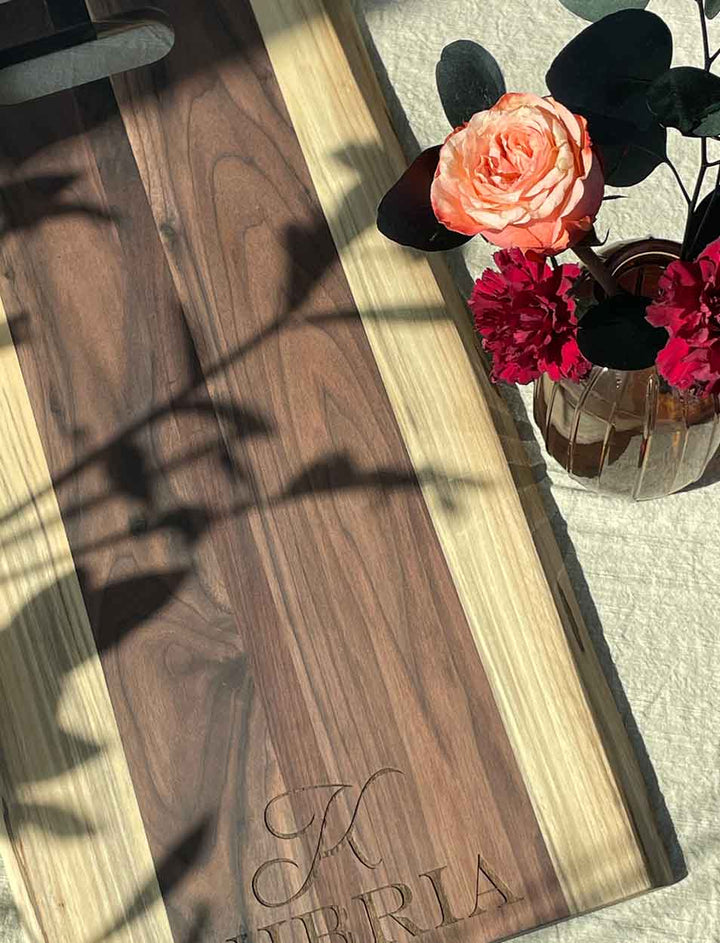 Personalized Live Edge Walnut Single Handle Charcuterie Board - 24" x 12"